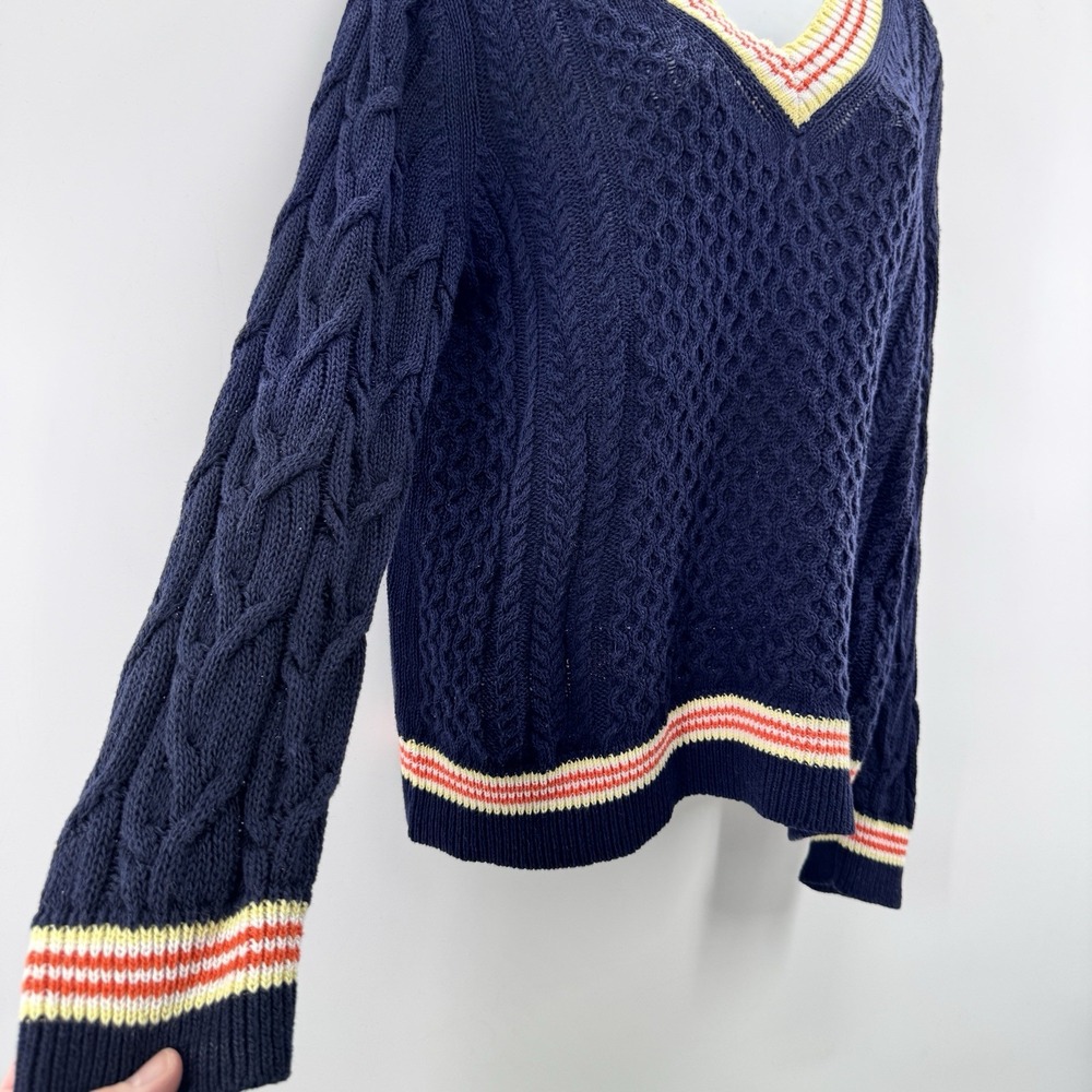 Talbots Cricket V Neck Sweater L Petite Navy Linen Blend Cable Knit Old Money - Picture 2 of 9